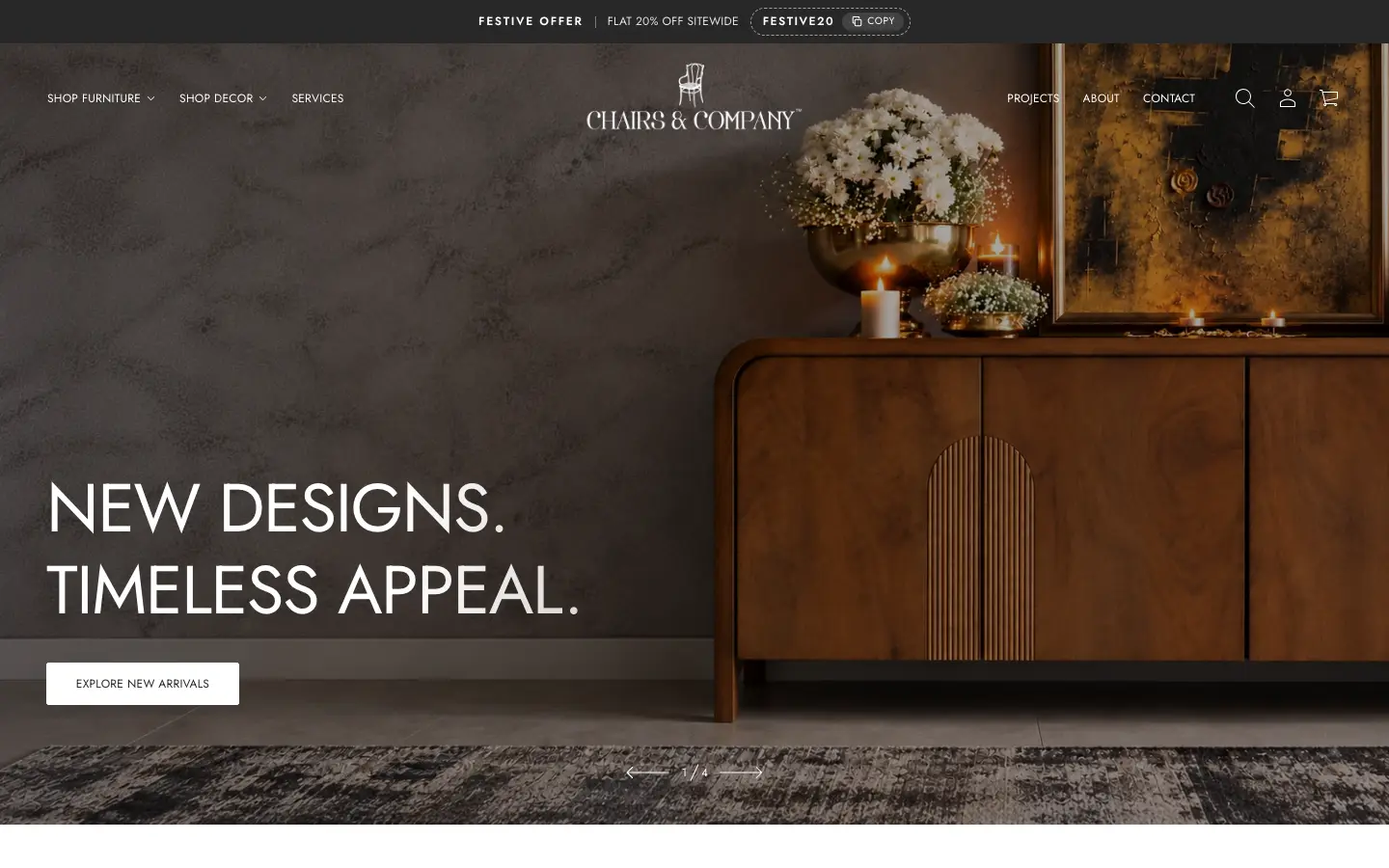 Chairs & Company website homepage, designed and built on Shopify
